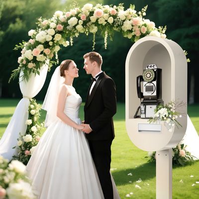 ตู้โทรศัพท์สีขาวพร้อมโทรศัพท์สมุดเยี่ยมพร้อมเสียง